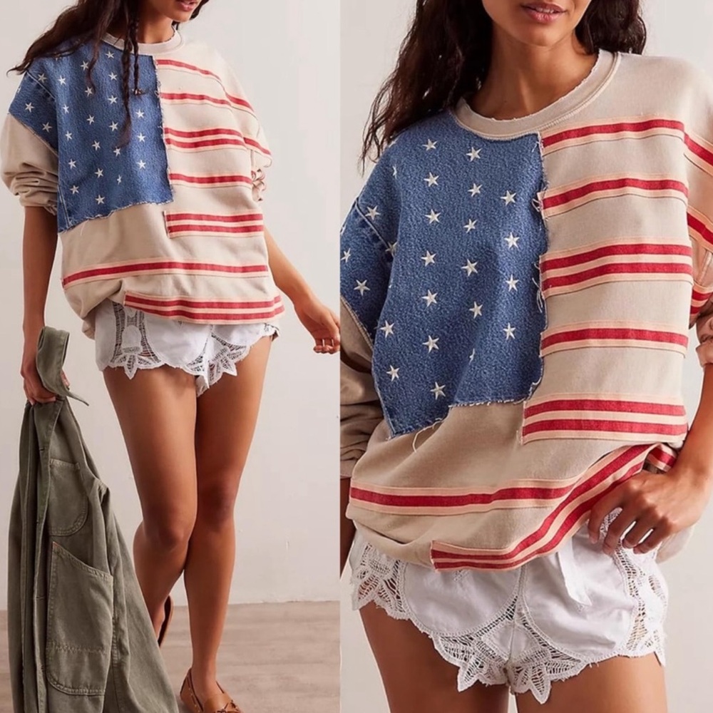 NWT FP x Tricia Fix American flag Blue Star and Red Stripe Sweatshirt size S-L - Picture 2 of 11